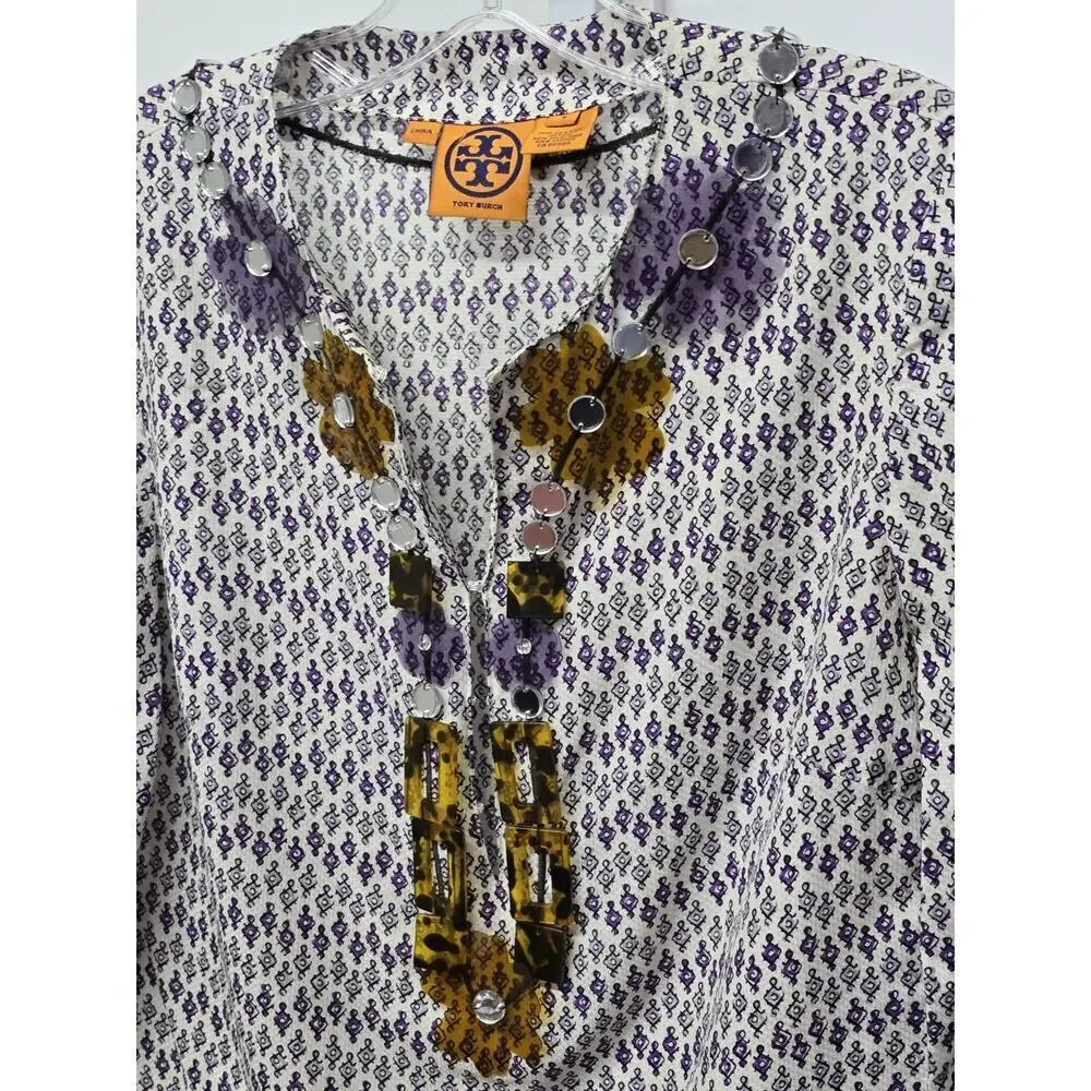 Tory Burch Embellished V-Neck Long Sleeve Tunic Top Shirt Blouse Size 4 NWOT